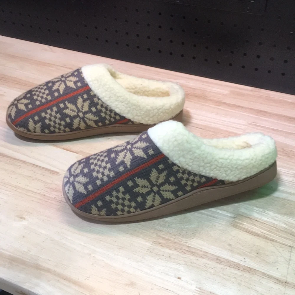 New‎ WB Mens Deer Stags Sherpa-Lined Fair Isle Slippers - Brown & Cream